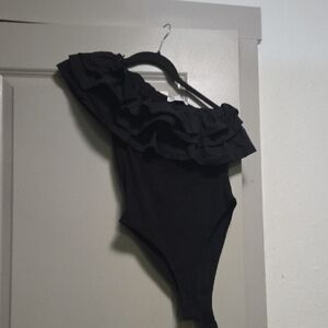 Zara Black One-Shoulder Ruffle Bodysuit